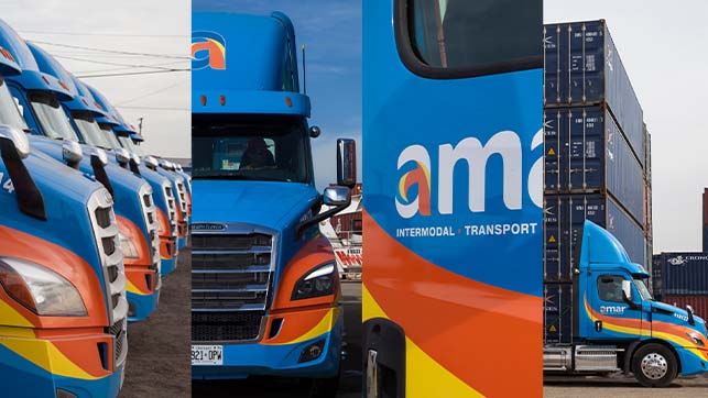 Close-up side and front-view photos of Amar trucks with new brand colouring and design