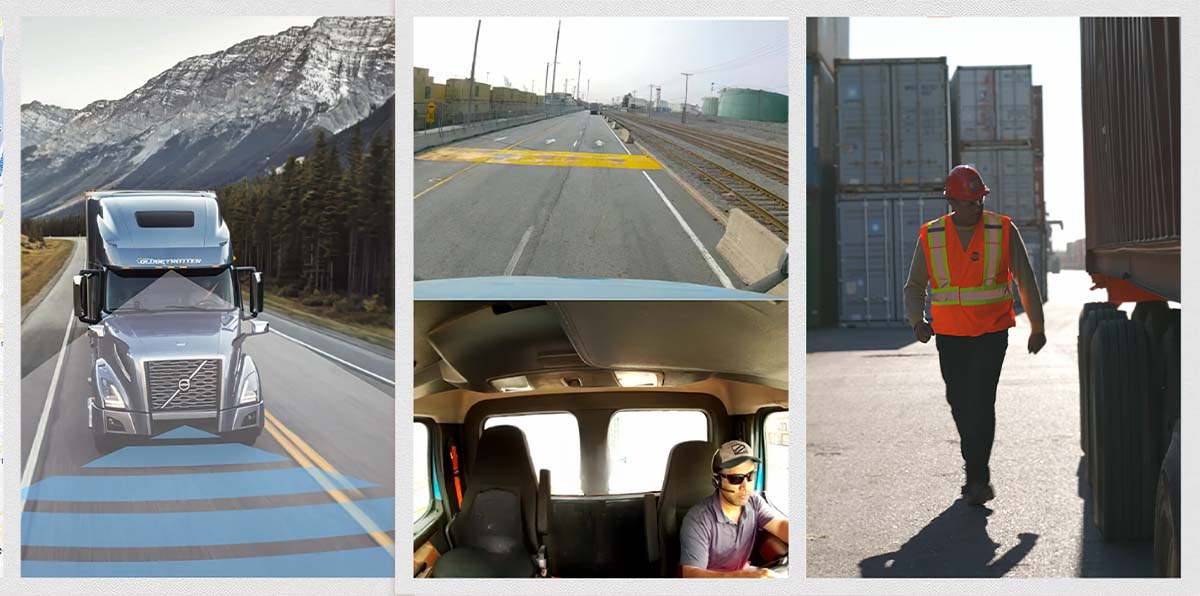 Highway truck with GPS tracking signal overlaid, driver cam road view, internal cab camera view and container yard staff inspecting stored containers