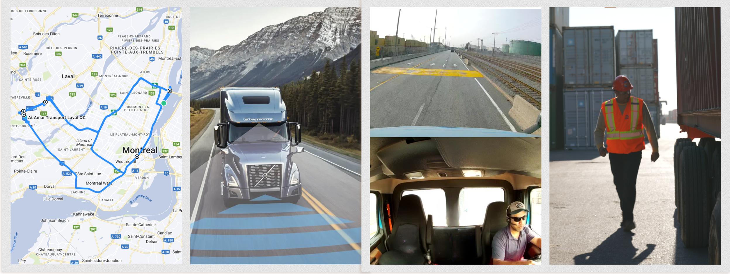 Banner with map showing Amar Laval, QC terminal, highway truck on the road, exterior & interior dashcam photos, Amar container yard staff