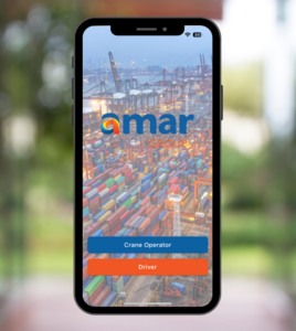 Mobile phone with screen showing custom Amar Group mobile app for tracking containers in their storage yards