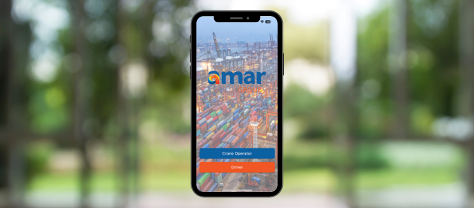 Mobile phone with screen showing custom Amar Group mobile app login for tracking containers in their storage yards