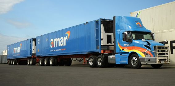 Rear view of two 53’ Refrigerated Amar Group Containers being transported on LCV