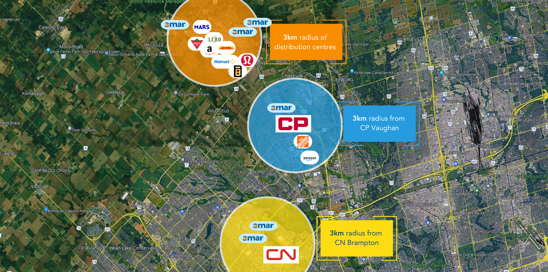 Overhead map view of 3 Amar real estate investments in Greater Toronto Area within 3km radius of CN & CP Railyards and distribution centres