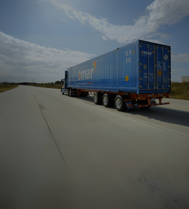 Amar Group 53’ container being transported on Amar truck over North American highway