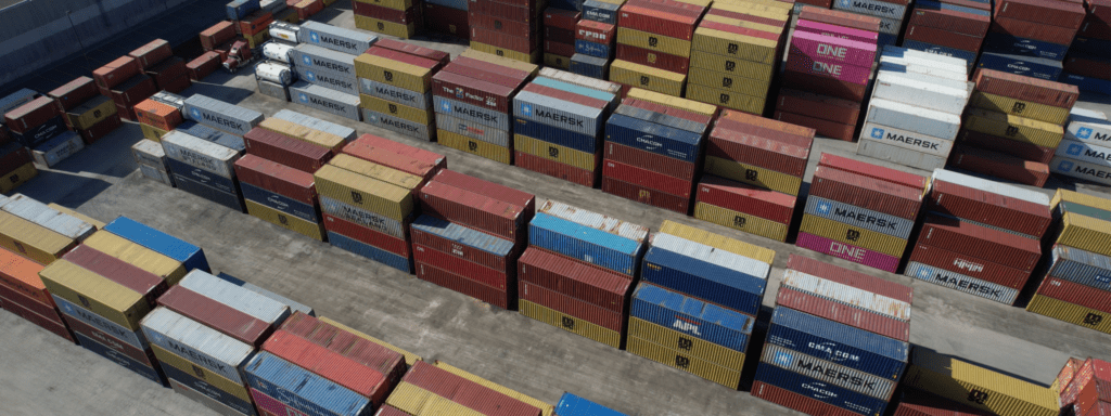 Aerial view of a stacked container storage yard