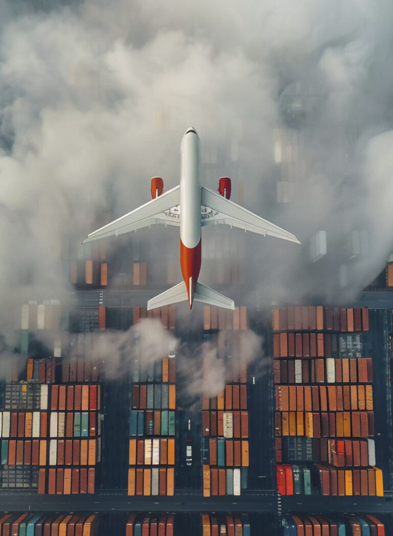Aircraft above a global container terminal